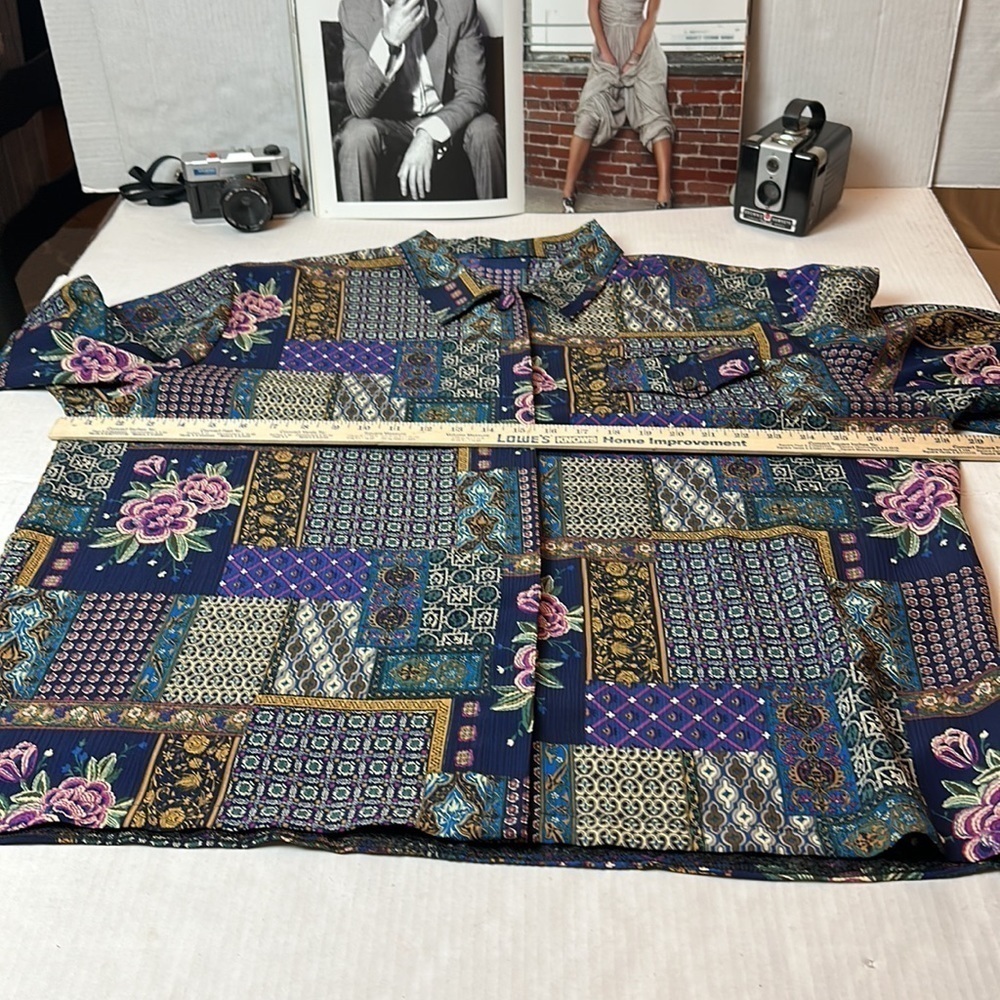 Patchwork Tapestry Boho Blouse | Hidden Button Front · 90s Art-to-Wear - Picture 6 of 11